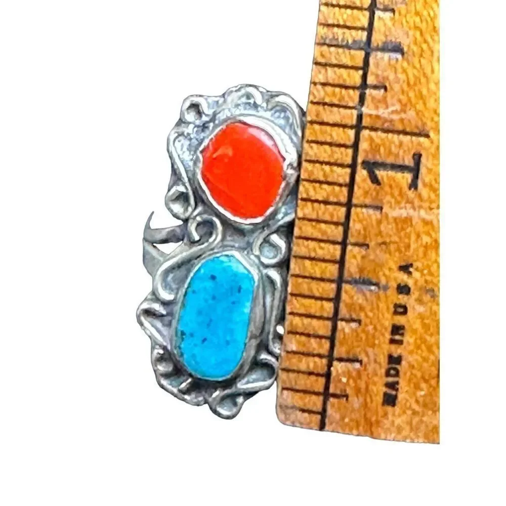 Navajo Sterling silver turquoise coral ring vintage size 7 3/4